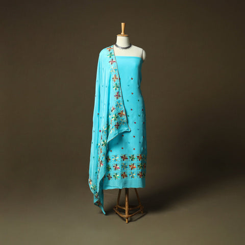 Phulkari hand embroidered crepe silk 3pc unstitched dress