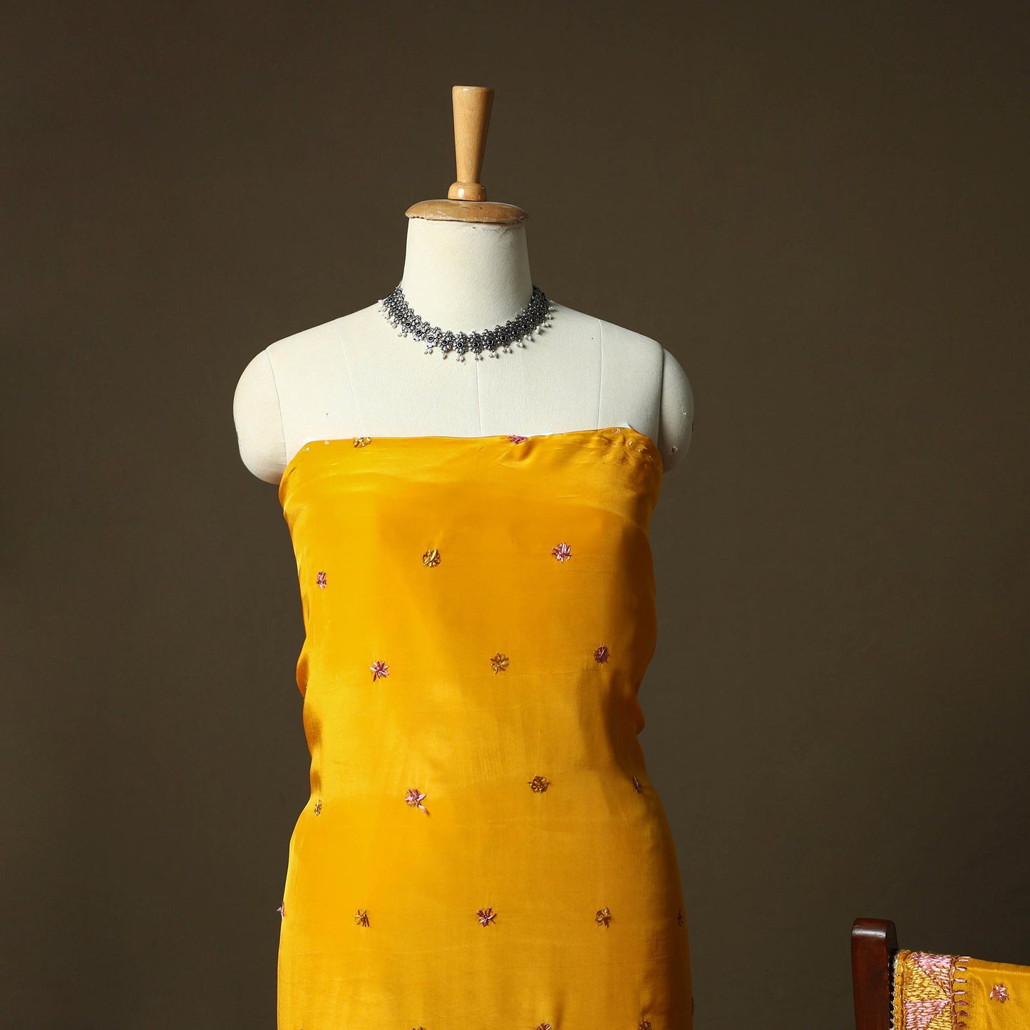 Phulkari hand embroidered crepe silk 3pc unstitched dress