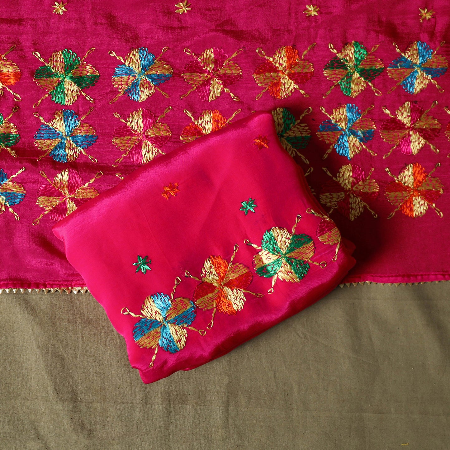 Phulkari hand embroidered crepe silk 3pc unstitched dress
