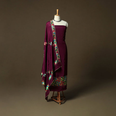 Phulkari hand embroidered crepe silk 3pc unstitched dress