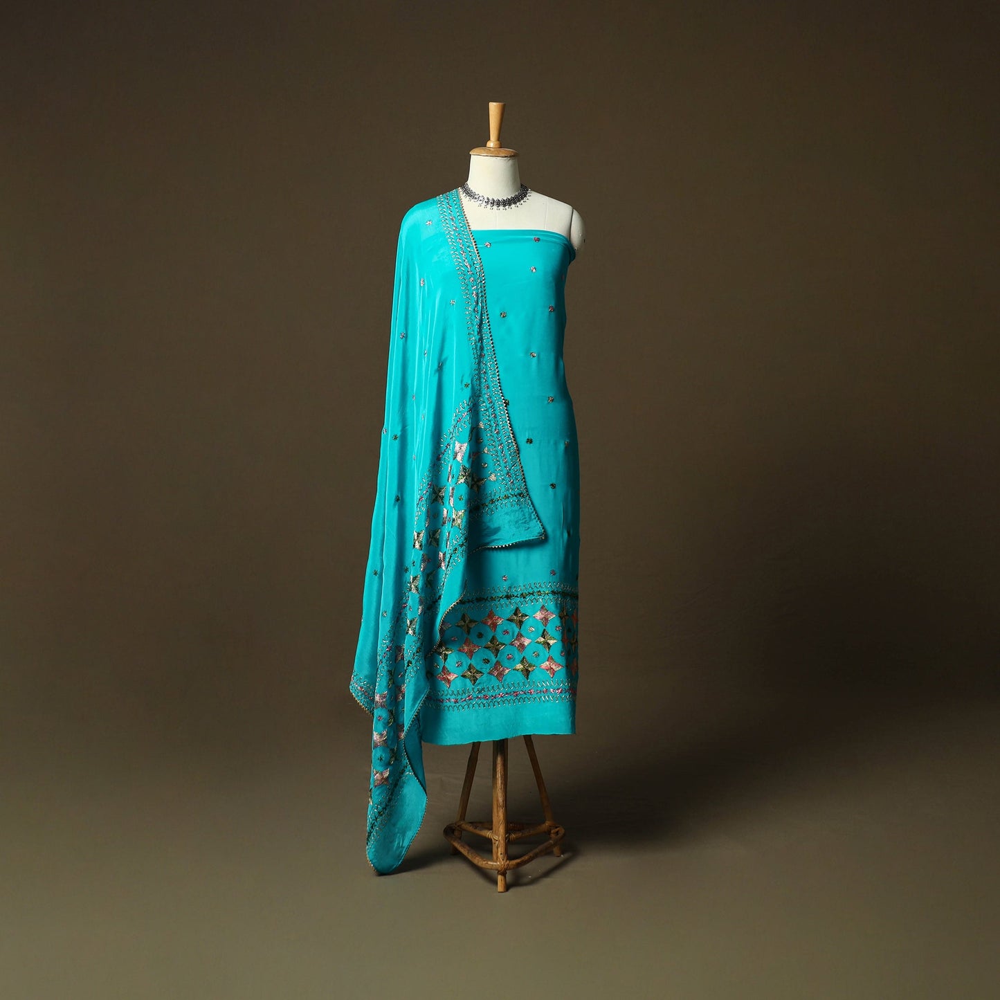 Phulkari hand embroidered crepe silk 3pc unstitched dress