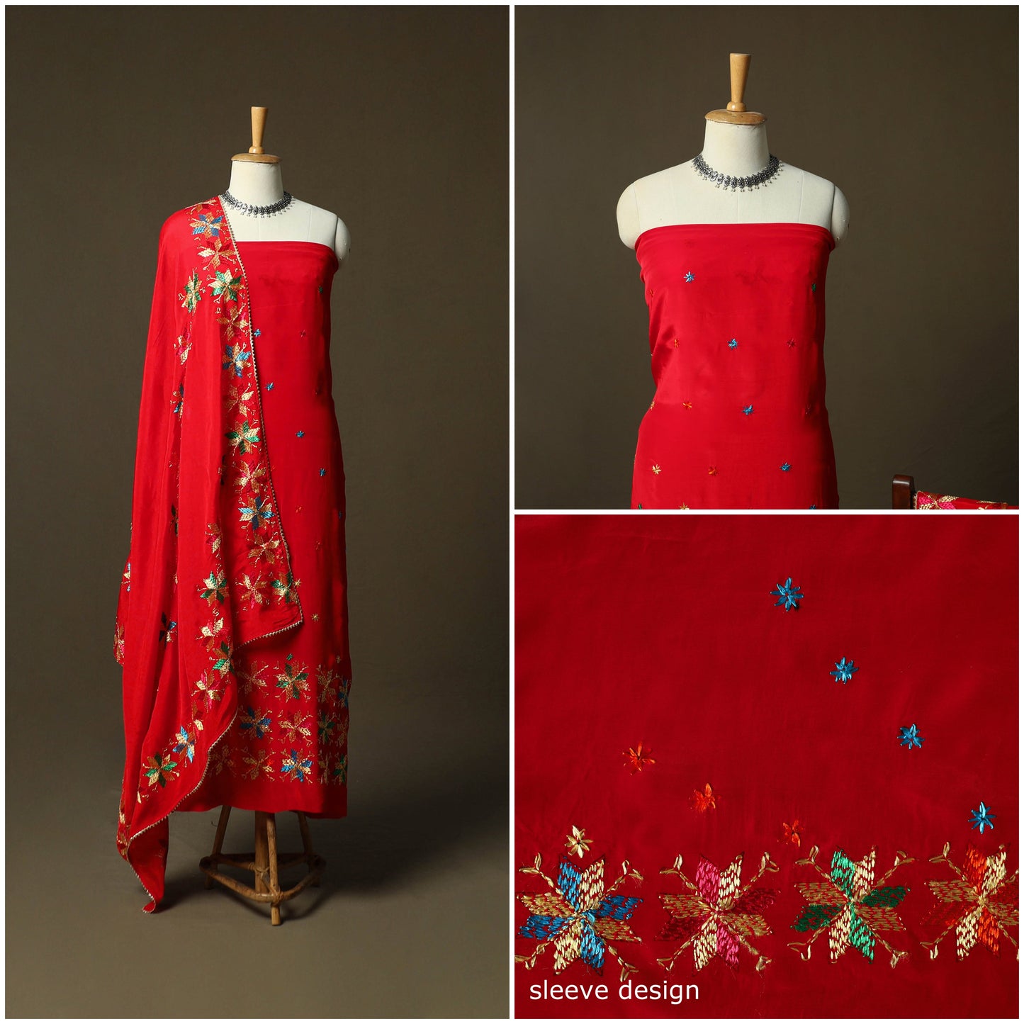 Phulkari hand embroidered crepe silk 3pc unstitched dress