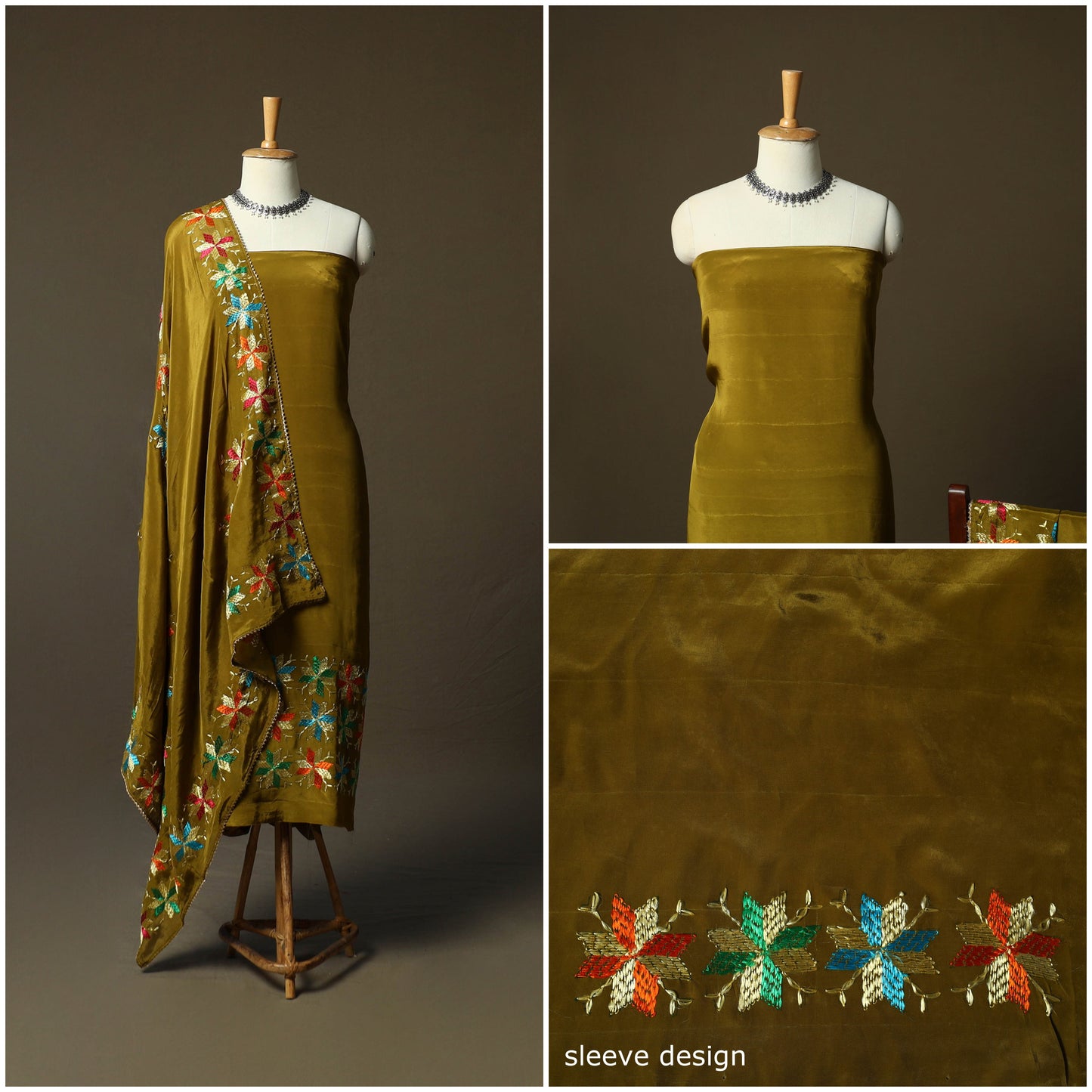 Phulkari hand embroidered crepe silk 3pc unstitched dress
