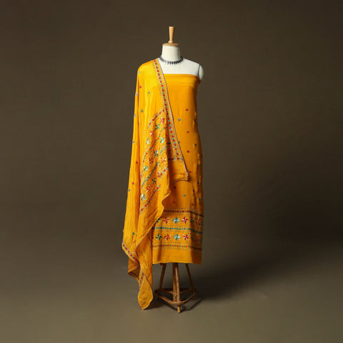 Phulkari hand embroidered crepe silk 3pc unstitched dress