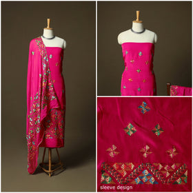 Phulkari hand embroidered crepe silk 3pc unstitched dress
