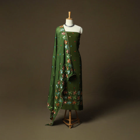 Phulkari hand embroidered crepe silk 3pc unstitched dress