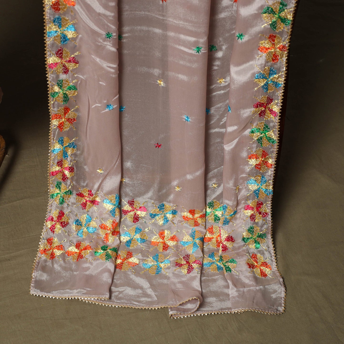 Phulkari hand embroidered crepe silk 3pc unstitched dress