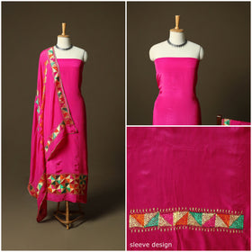 Phulkari hand embroidered crepe silk 3pc unstitched dress