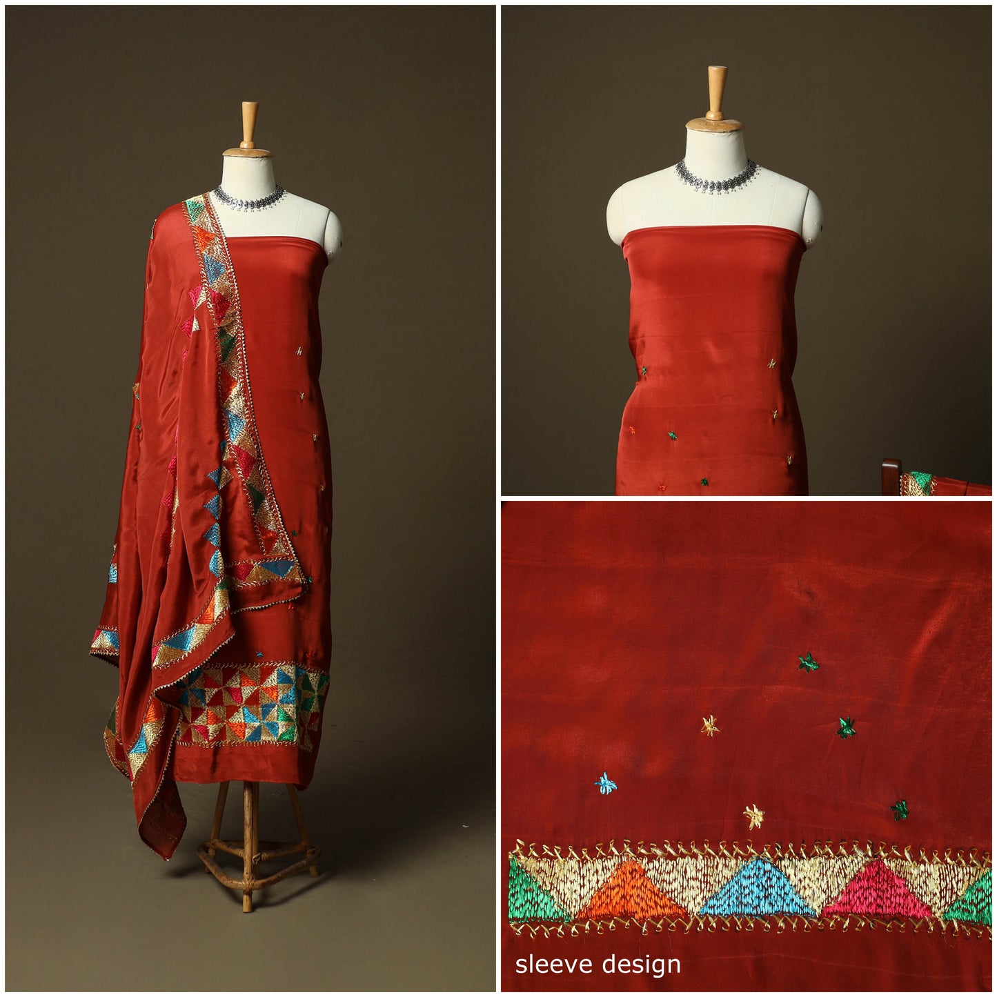 Phulkari hand embroidered crepe silk 3pc unstitched dress
