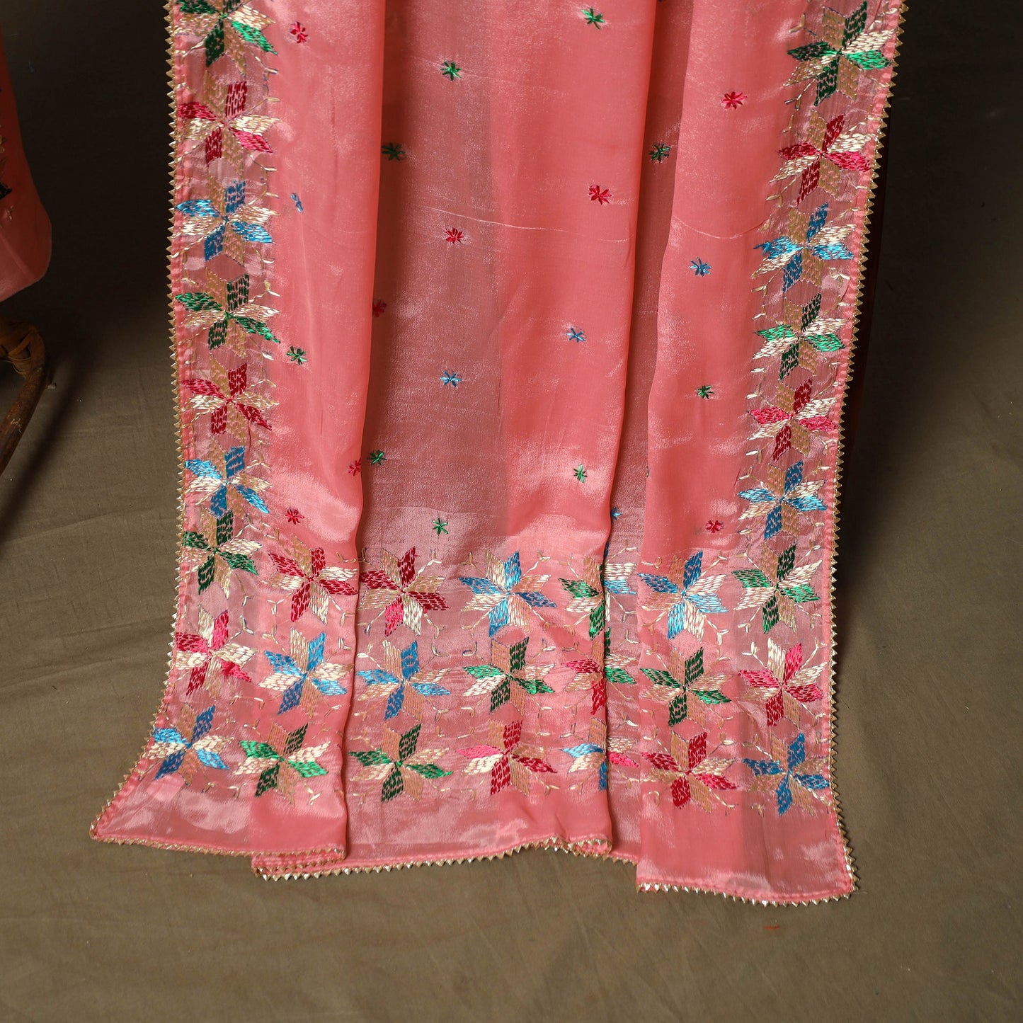 Phulkari hand embroidered crepe silk 3pc unstitched dress