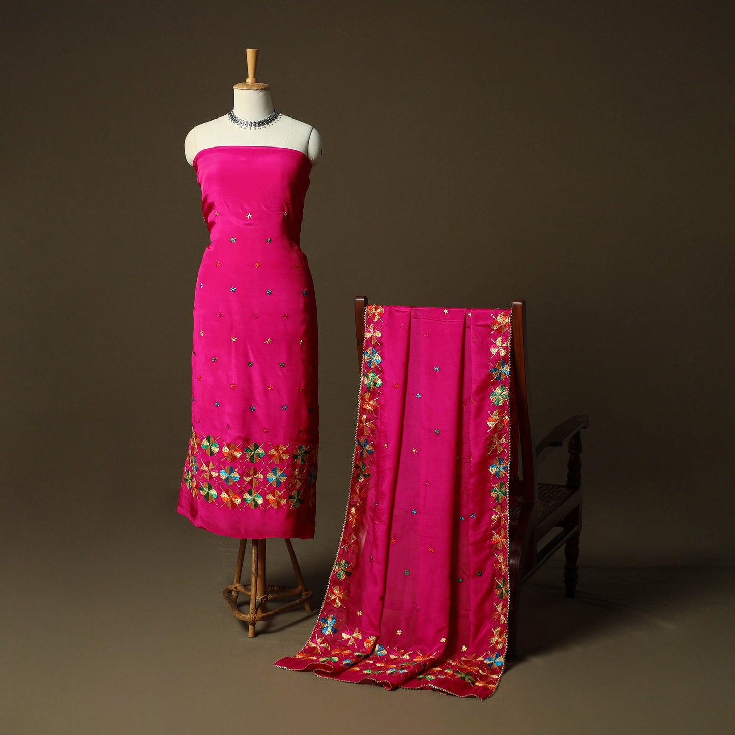Phulkari hand embroidered crepe silk 3pc unstitched dress