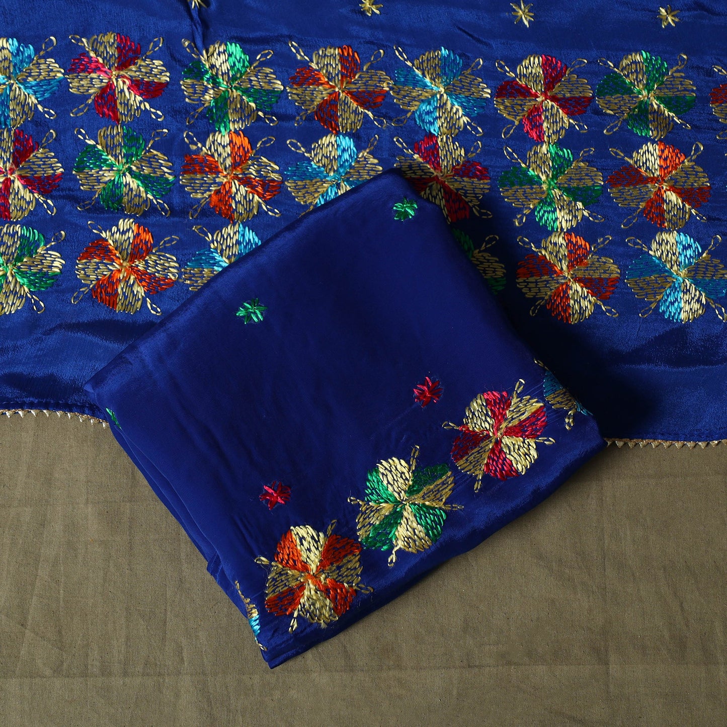 Phulkari hand embroidered crepe silk 3pc unstitched dress