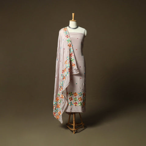 Phulkari hand embroidered crepe silk 3pc unstitched dress