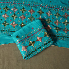 Phulkari hand embroidered crepe silk 3pc unstitched dress