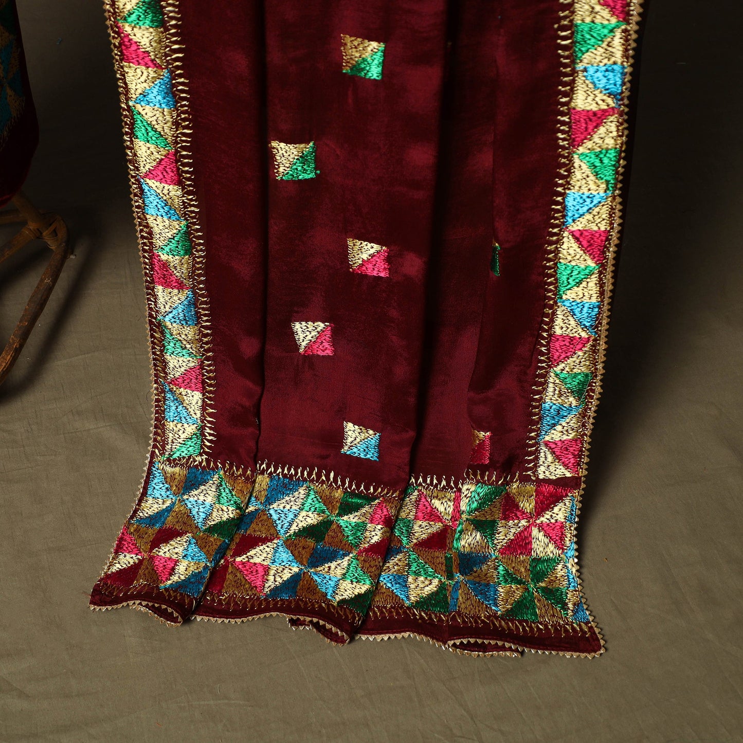 Phulkari hand embroidered crepe silk 3pc unstitched dress