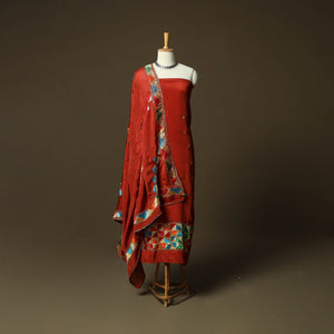 Phulkari hand embroidered crepe silk 3pc unstitched dress