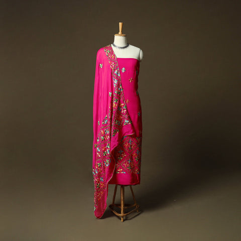 Phulkari hand embroidered crepe silk 3pc unstitched dress