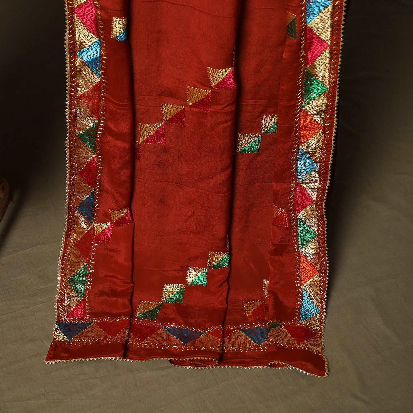 Phulkari hand embroidered crepe silk 3pc unstitched dress