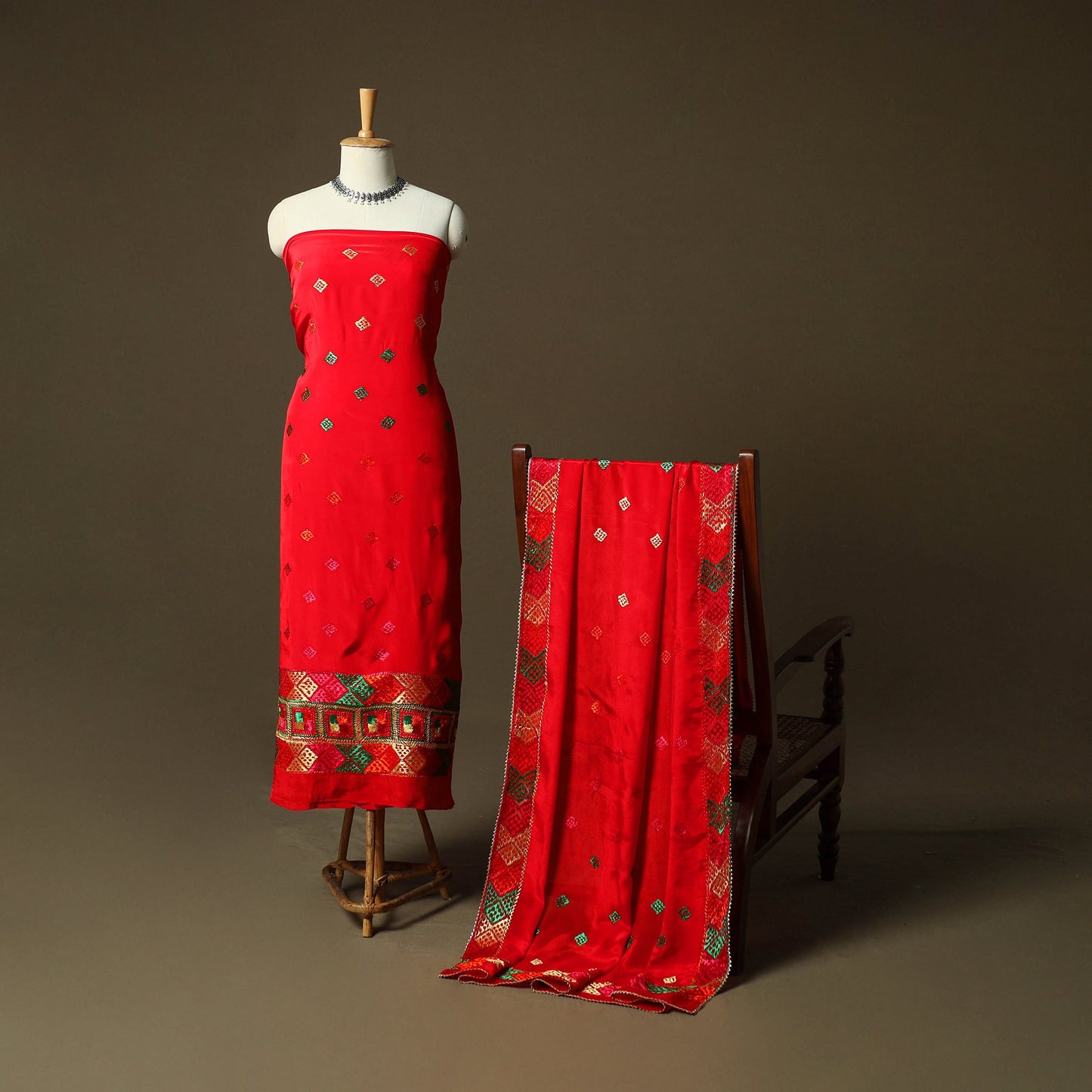 Phulkari hand embroidered crepe silk 3pc unstitched dress