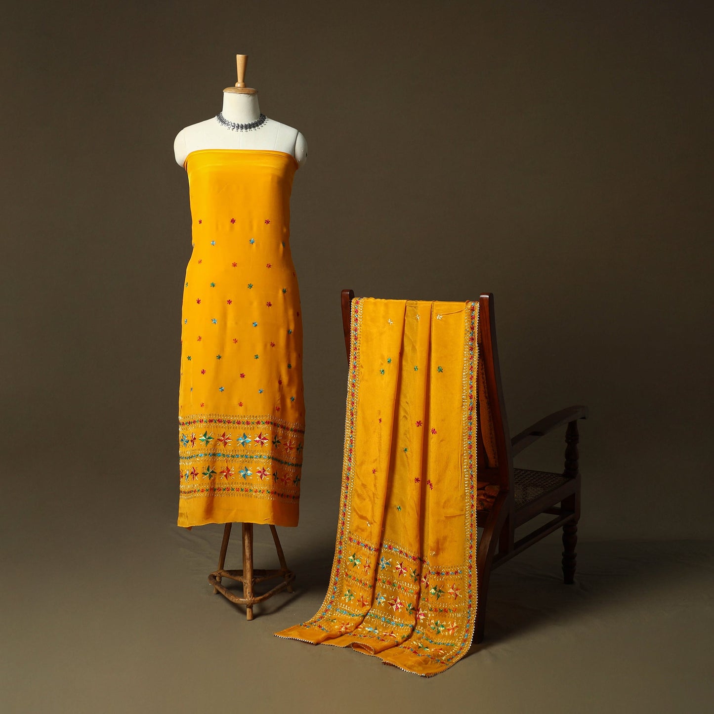Phulkari hand embroidered crepe silk 3pc unstitched dress
