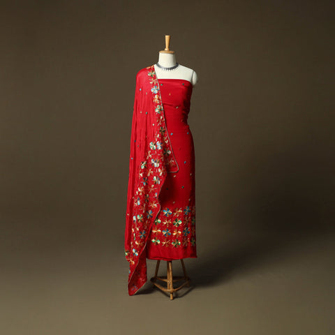Phulkari hand embroidered crepe silk 3pc unstitched dress