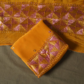Phulkari hand embroidered crepe silk 3pc unstitched dress