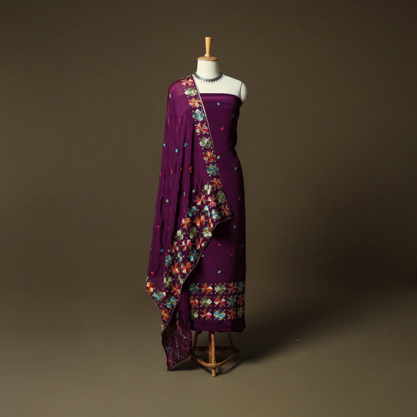 Phulkari hand embroidered crepe silk 3pc unstitched dress