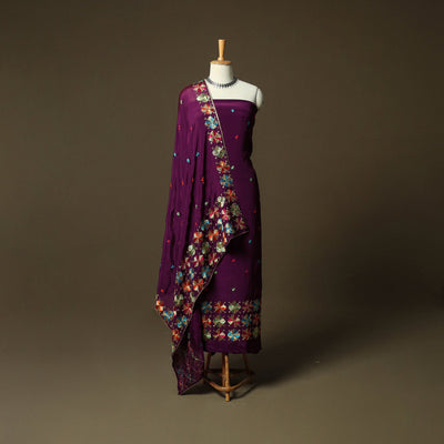 Phulkari hand embroidered crepe silk 3pc unstitched dress