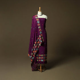 Phulkari hand embroidered crepe silk 3pc unstitched dress