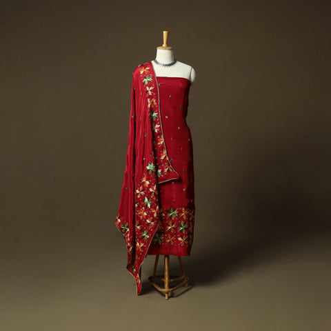 Phulkari hand embroidered crepe silk 3pc unstitched dress