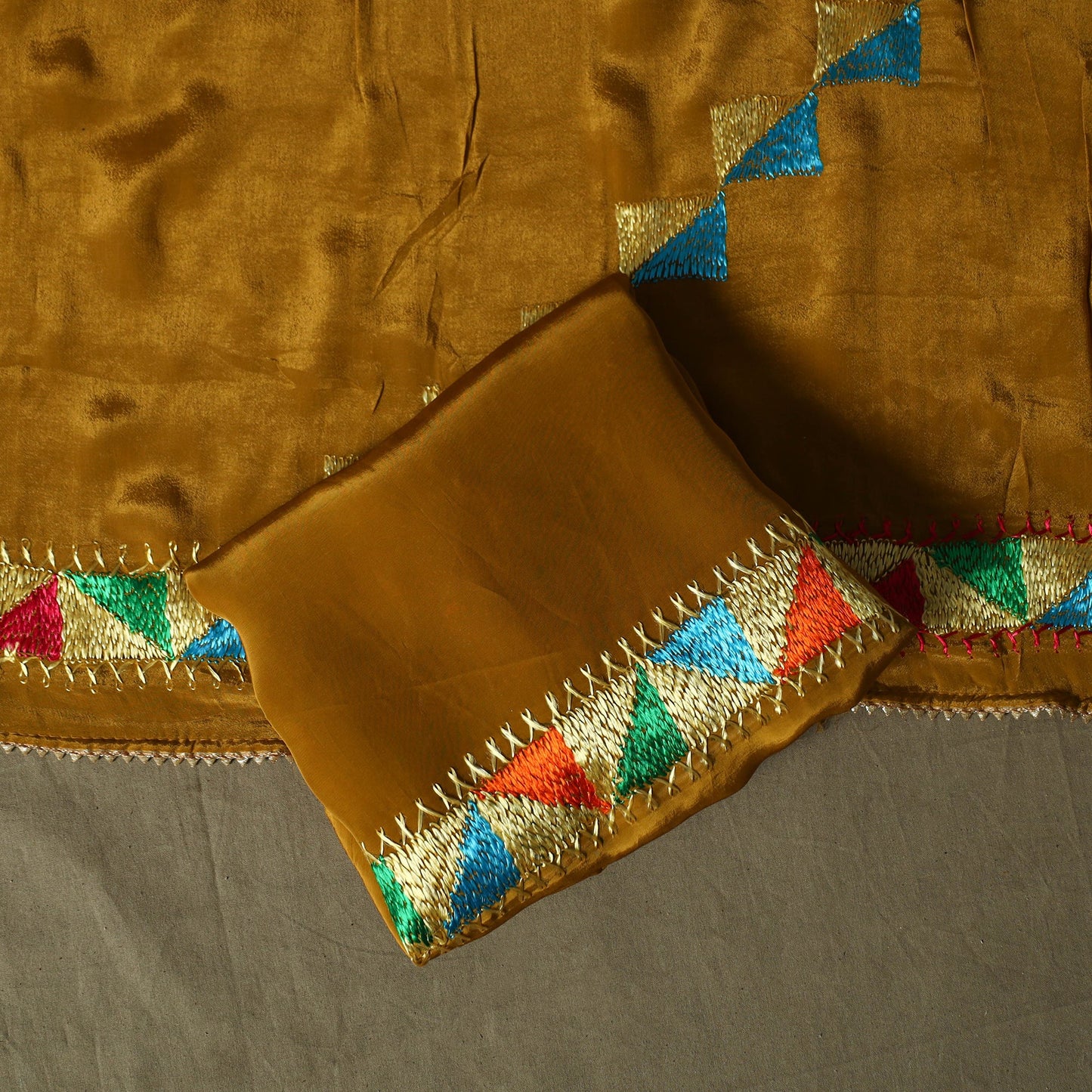 Phulkari hand embroidered crepe silk 3pc unstitched dress
