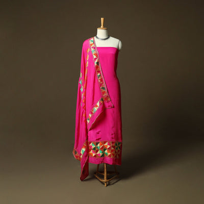 Phulkari hand embroidered crepe silk 3pc unstitched dress