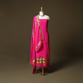 Phulkari hand embroidered crepe silk 3pc unstitched dress