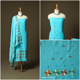 Phulkari hand embroidered crepe silk 3pc unstitched dress