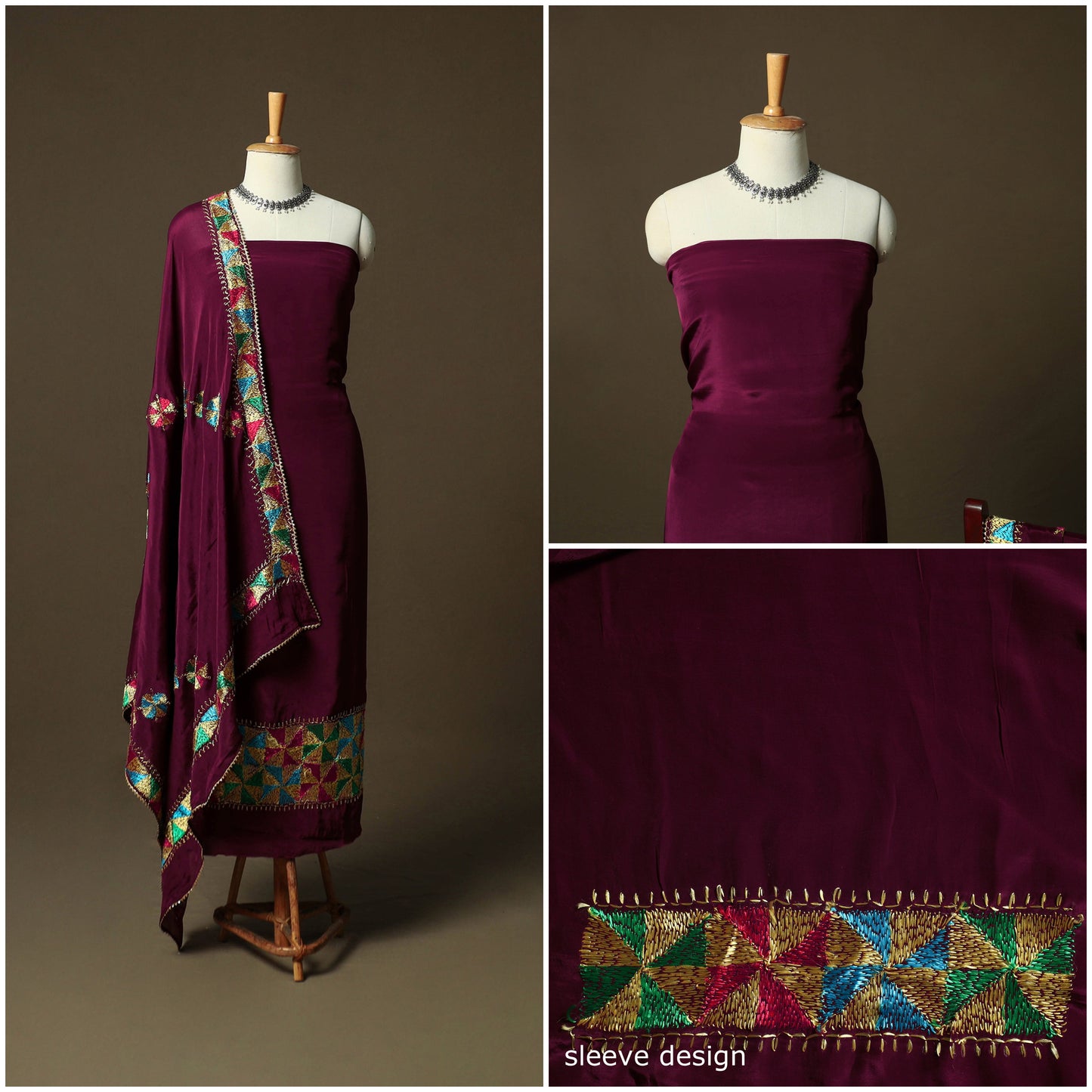 Phulkari hand embroidered crepe silk 3pc unstitched dress