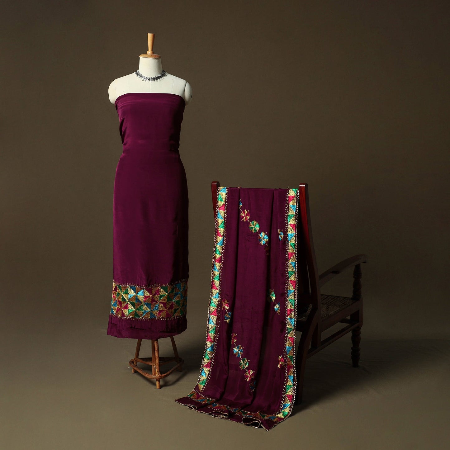 Phulkari hand embroidered crepe silk 3pc unstitched dress