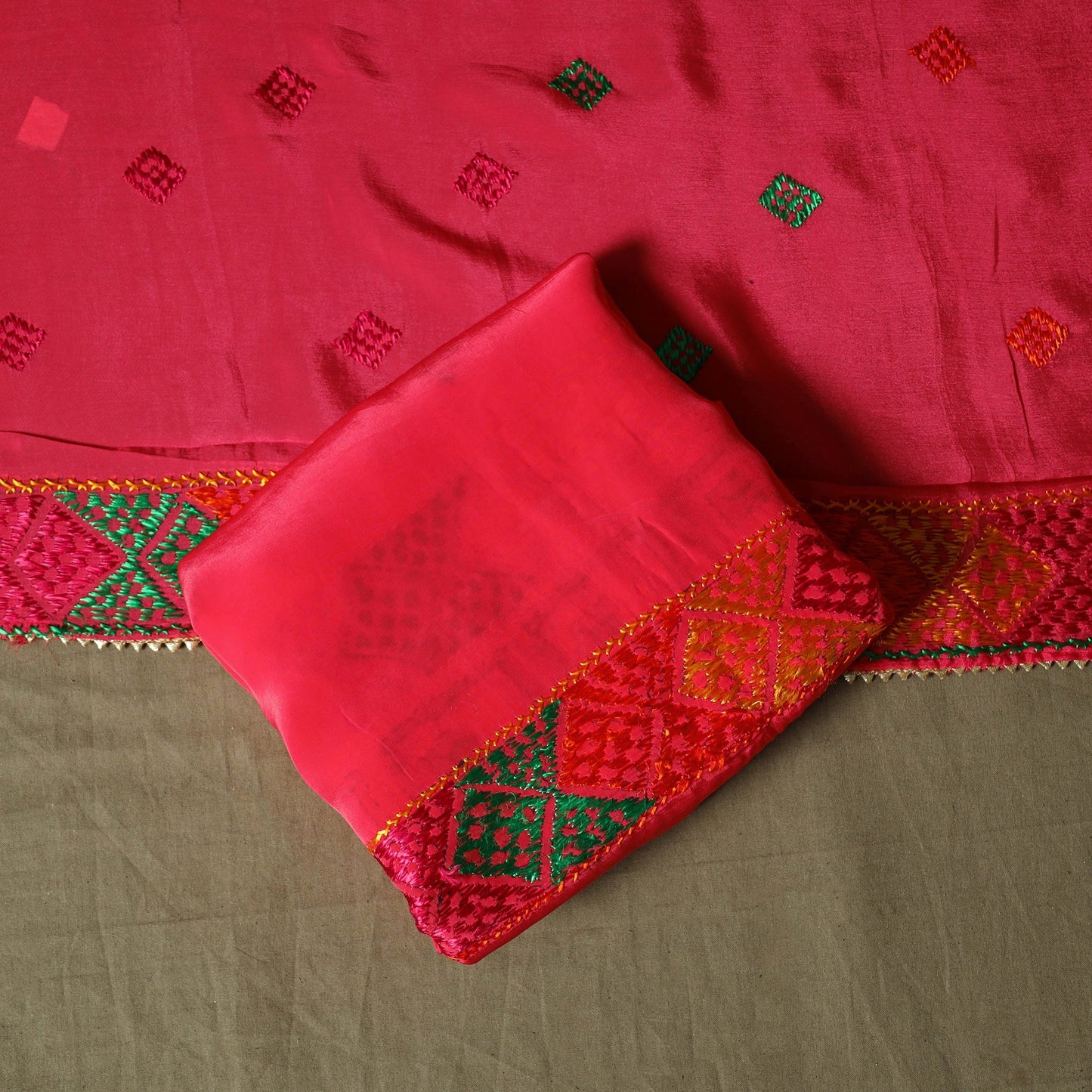 Phulkari hand embroidered crepe silk 3pc unstitched dress