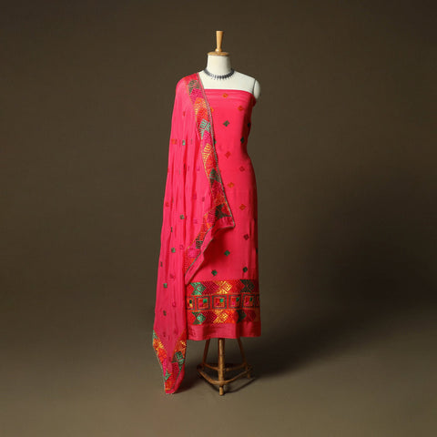 Phulkari hand embroidered crepe silk 3pc unstitched dress