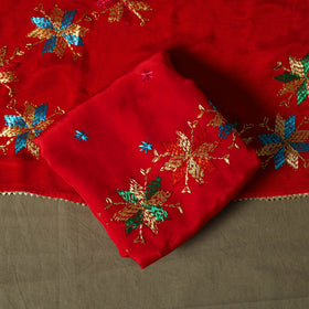 Phulkari hand embroidered crepe silk 3pc unstitched dress