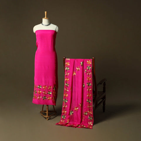 Phulkari hand embroidered crepe silk 3pc unstitched dress