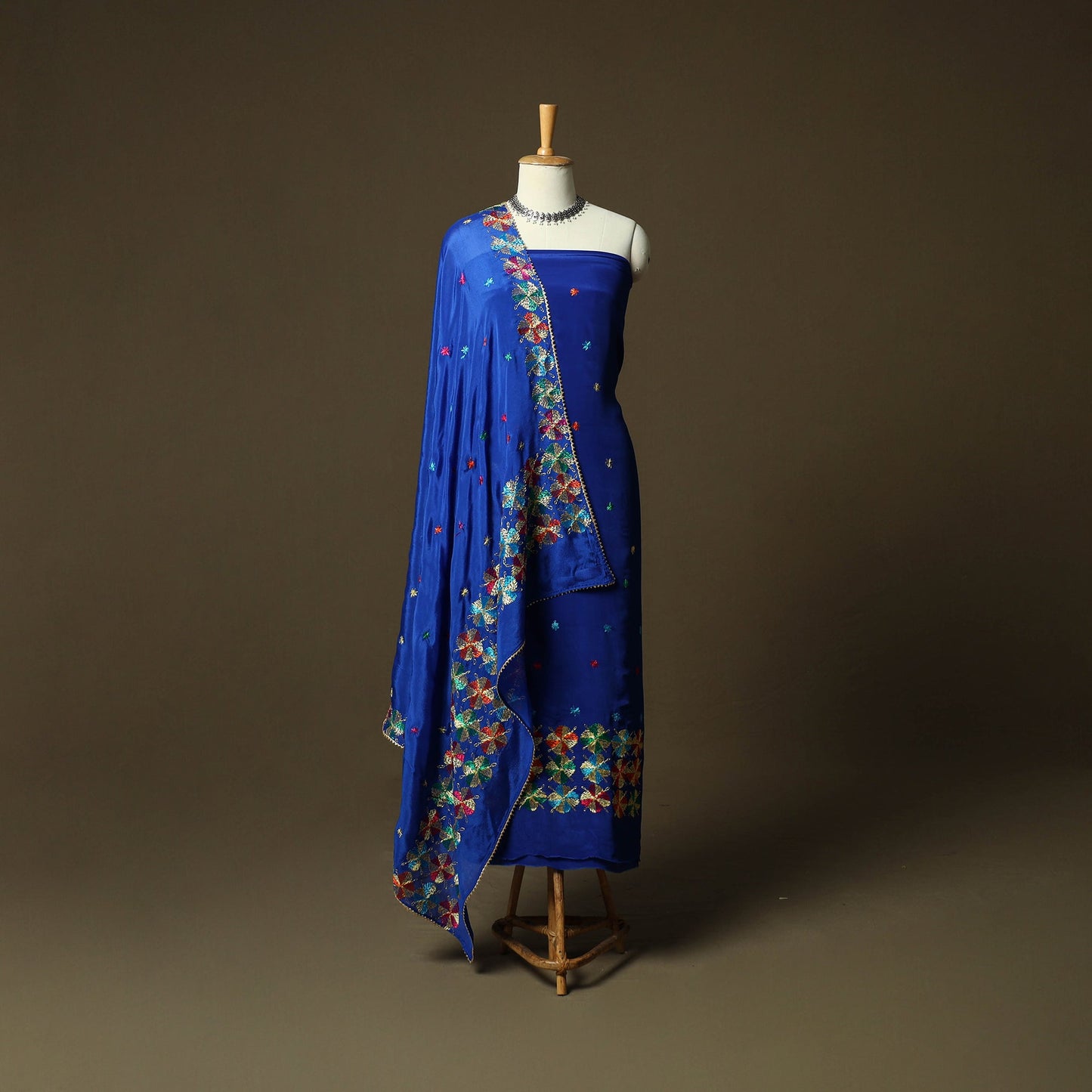 Phulkari hand embroidered crepe silk 3pc unstitched dress