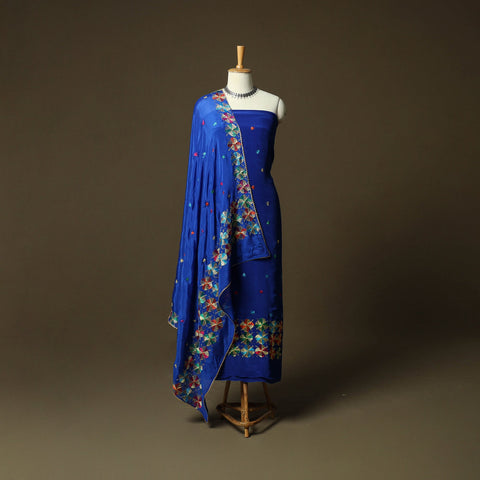 Phulkari hand embroidered crepe silk 3pc unstitched dress