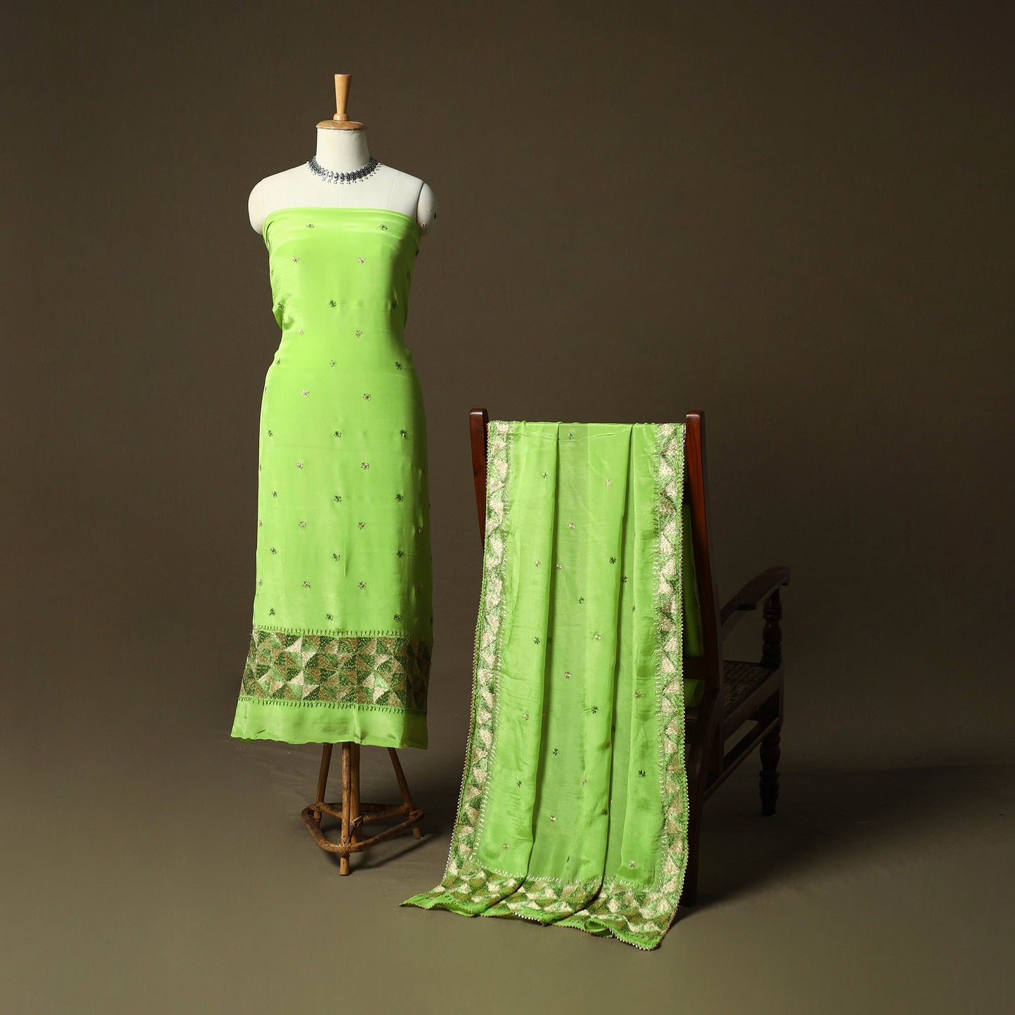 Phulkari hand embroidered crepe silk 3pc unstitched dress