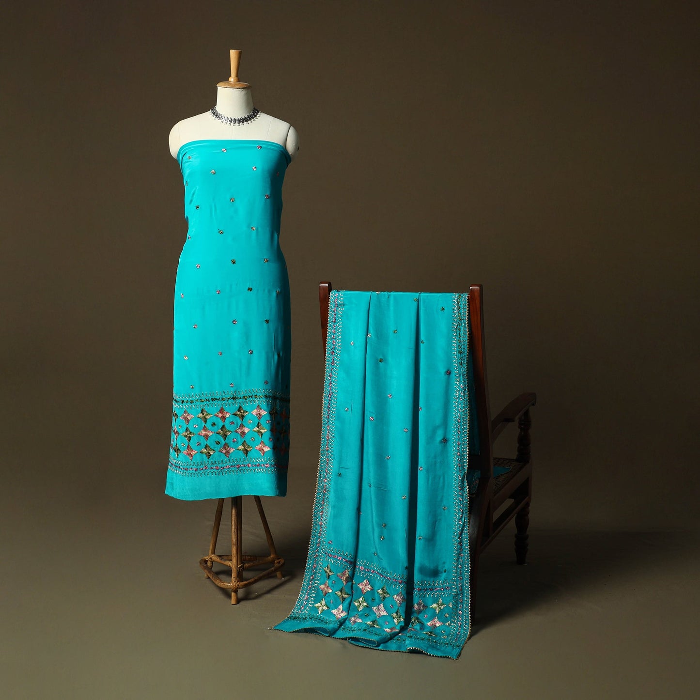 Phulkari hand embroidered crepe silk 3pc unstitched dress