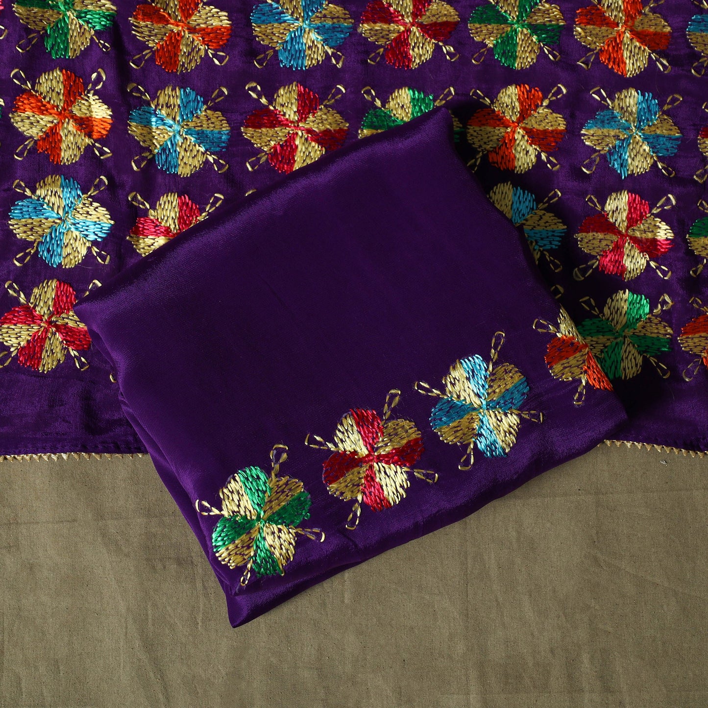 Phulkari hand embroidered crepe silk 3pc unstitched dress