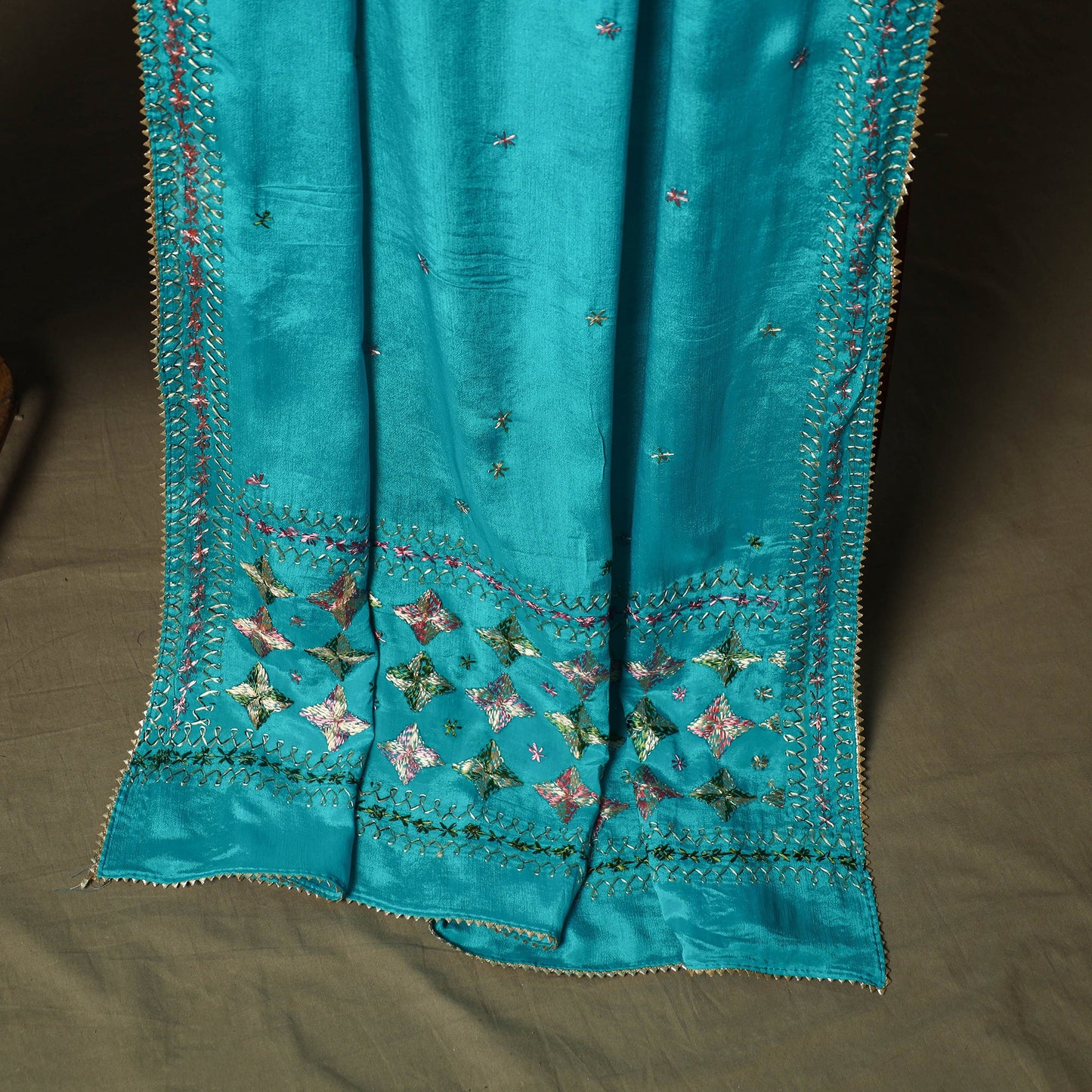 Phulkari hand embroidered crepe silk 3pc unstitched dress