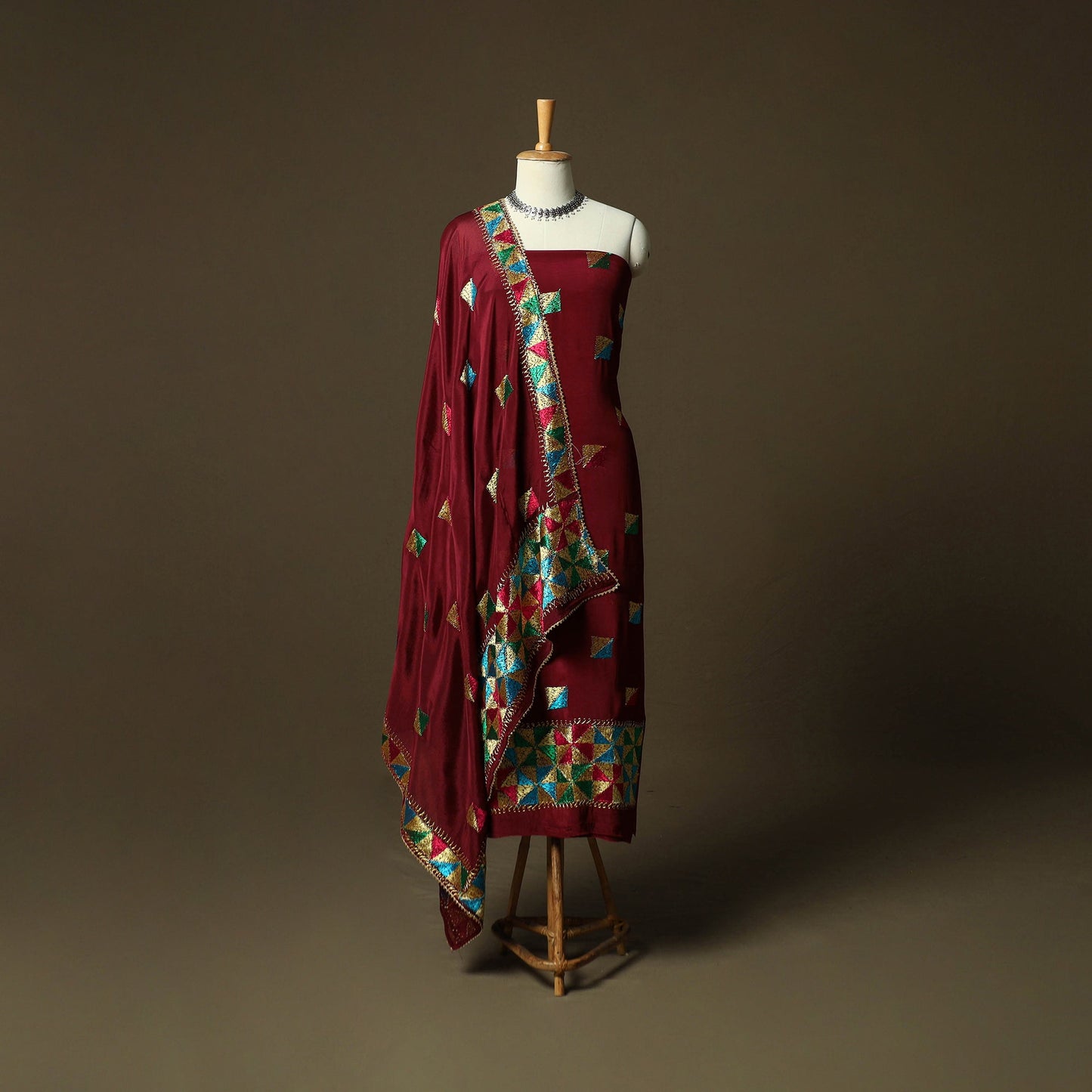 Phulkari hand embroidered crepe silk 3pc unstitched dress