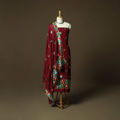 Phulkari hand embroidered crepe silk 3pc unstitched dress