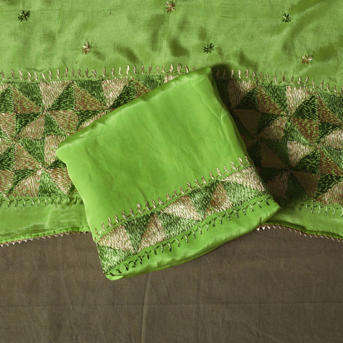 Phulkari hand embroidered crepe silk 3pc unstitched dress