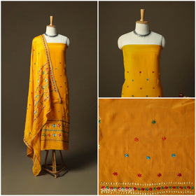 Phulkari hand embroidered crepe silk 3pc unstitched dress